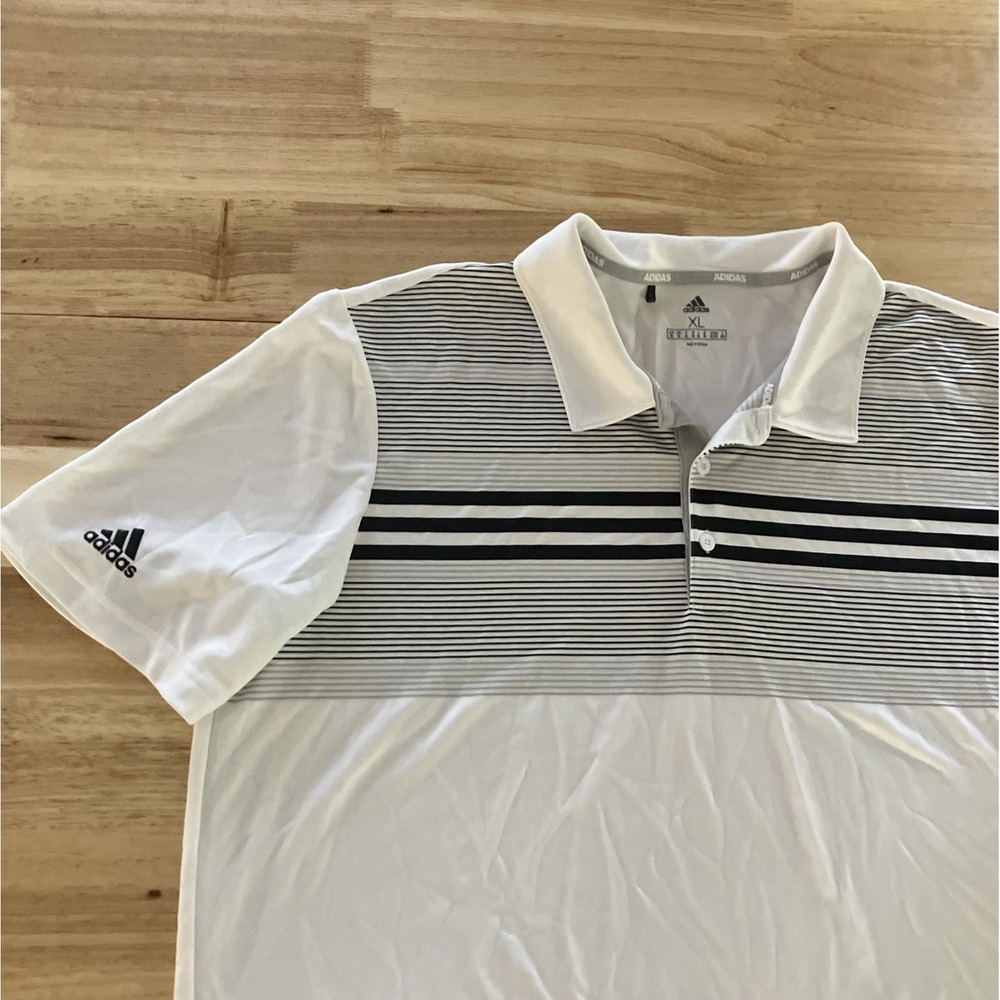 Adidas Polo Shirt Mens XL White/Black Striped Collared Short Sleeve